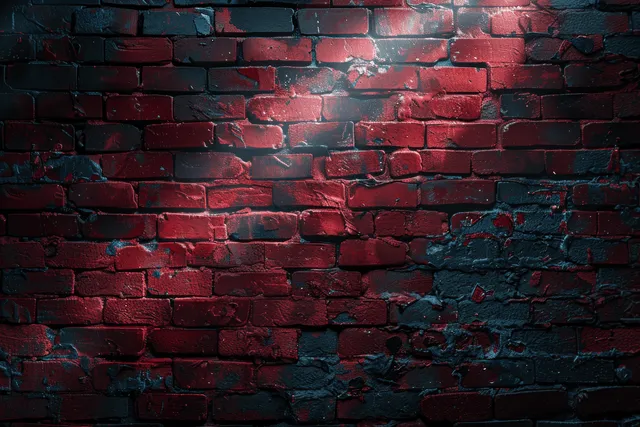 Red and black brick wall with peeling paint, gritty texture, weathered mortar lines