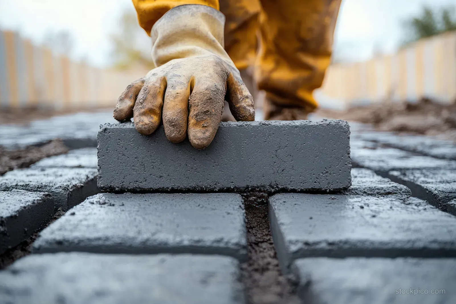 Gloved worker hand sets a concrete paver brick for an outdoor patio in a low-angle view.