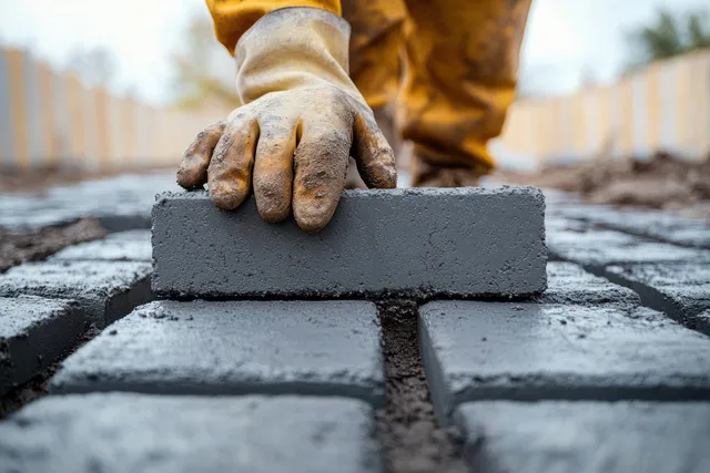 Gloved worker hand sets a concrete paver brick for an outdoor patio in a low-angle view.