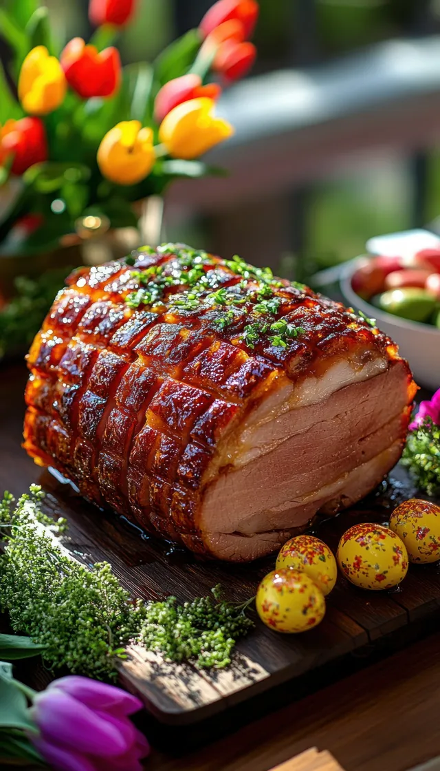 Roasted pork loin sliced on a wooden board, glazed crust and spring tulip decor
