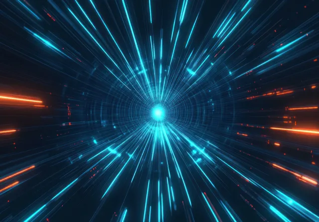 Futuristic blue and teal light streaks radiate from a glowing tunnel center