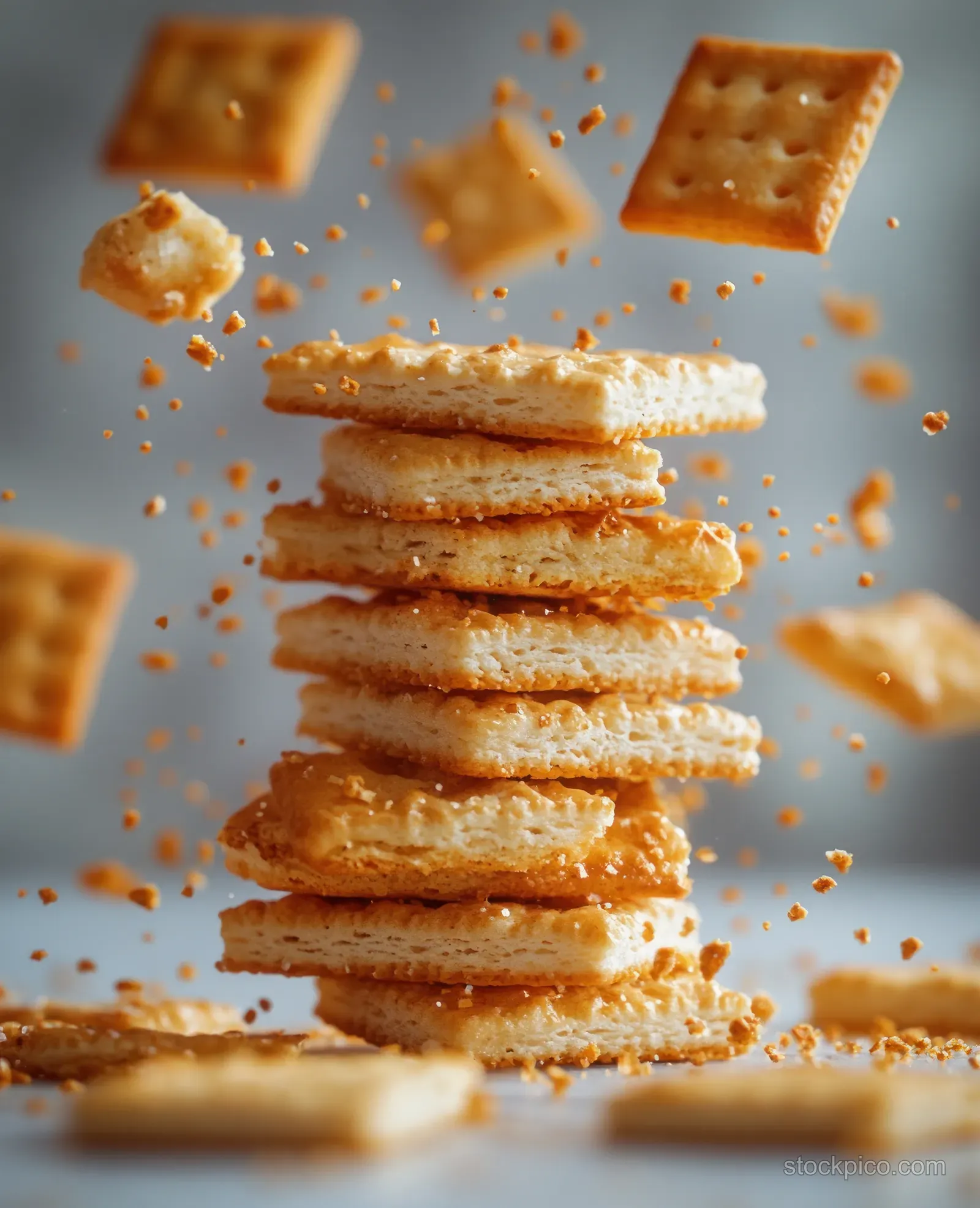 A tall stack of crispy crackers with crumbs and small pieces levitating above a white background.