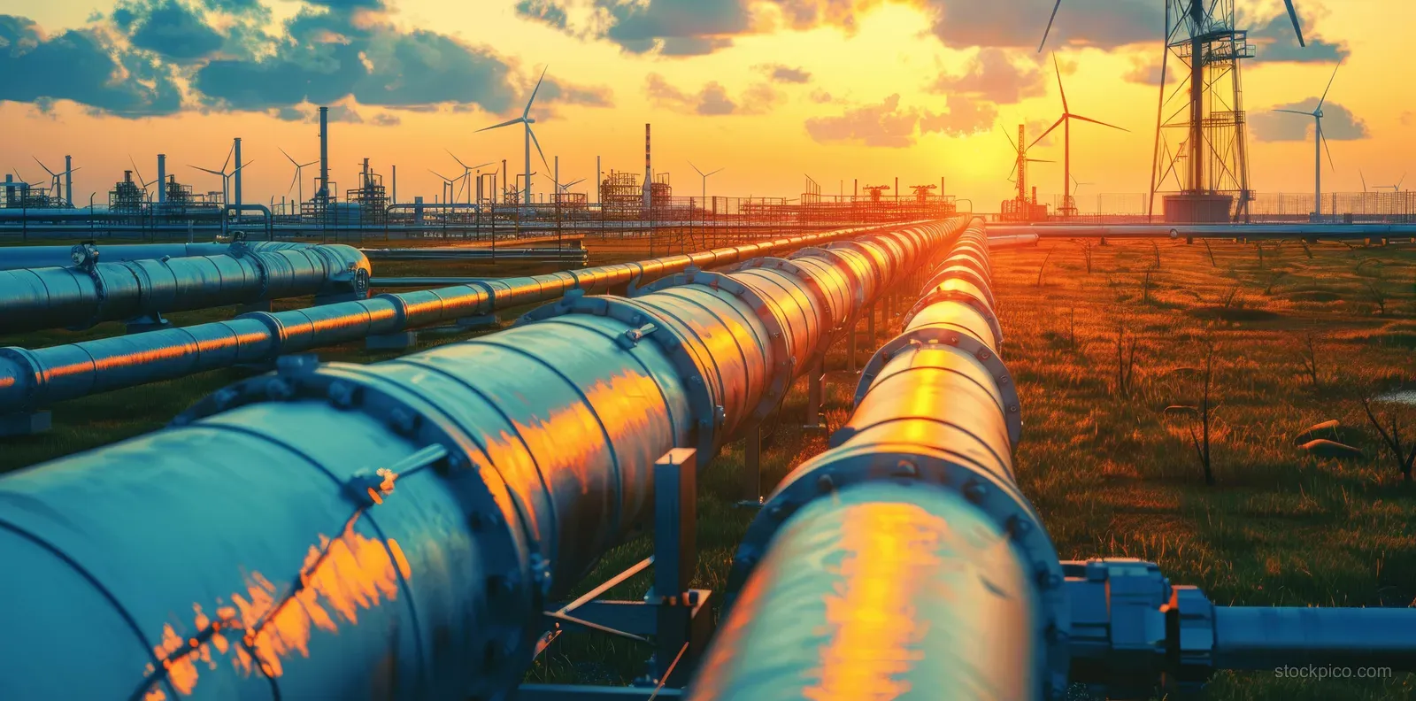Blue hydrogen pipeline segments stretch across a grassy field with wind turbines against a sunset sky.