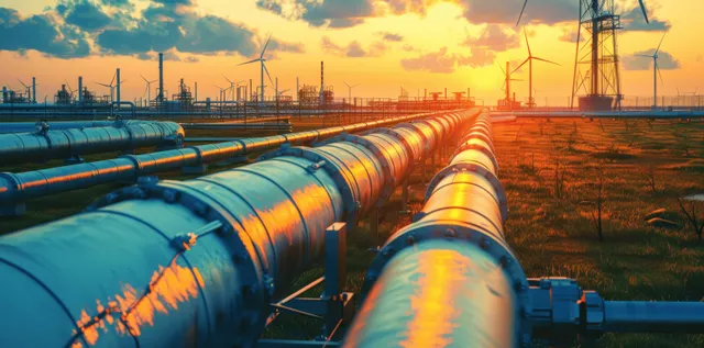 Blue hydrogen pipeline segments stretch across a grassy field with wind turbines against a sunset sky.