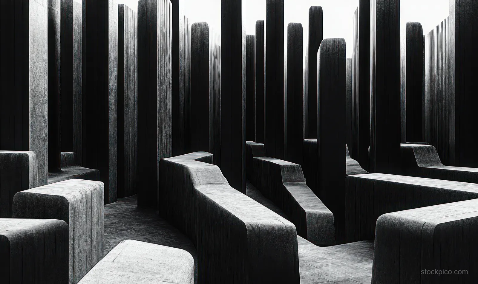 Monochrome architectural interior with tall vertical pillars and curved benches receding into deep shadowed space.
