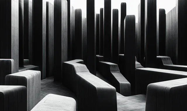 Monochrome architectural interior with tall vertical pillars and curved benches receding into deep shadowed space.