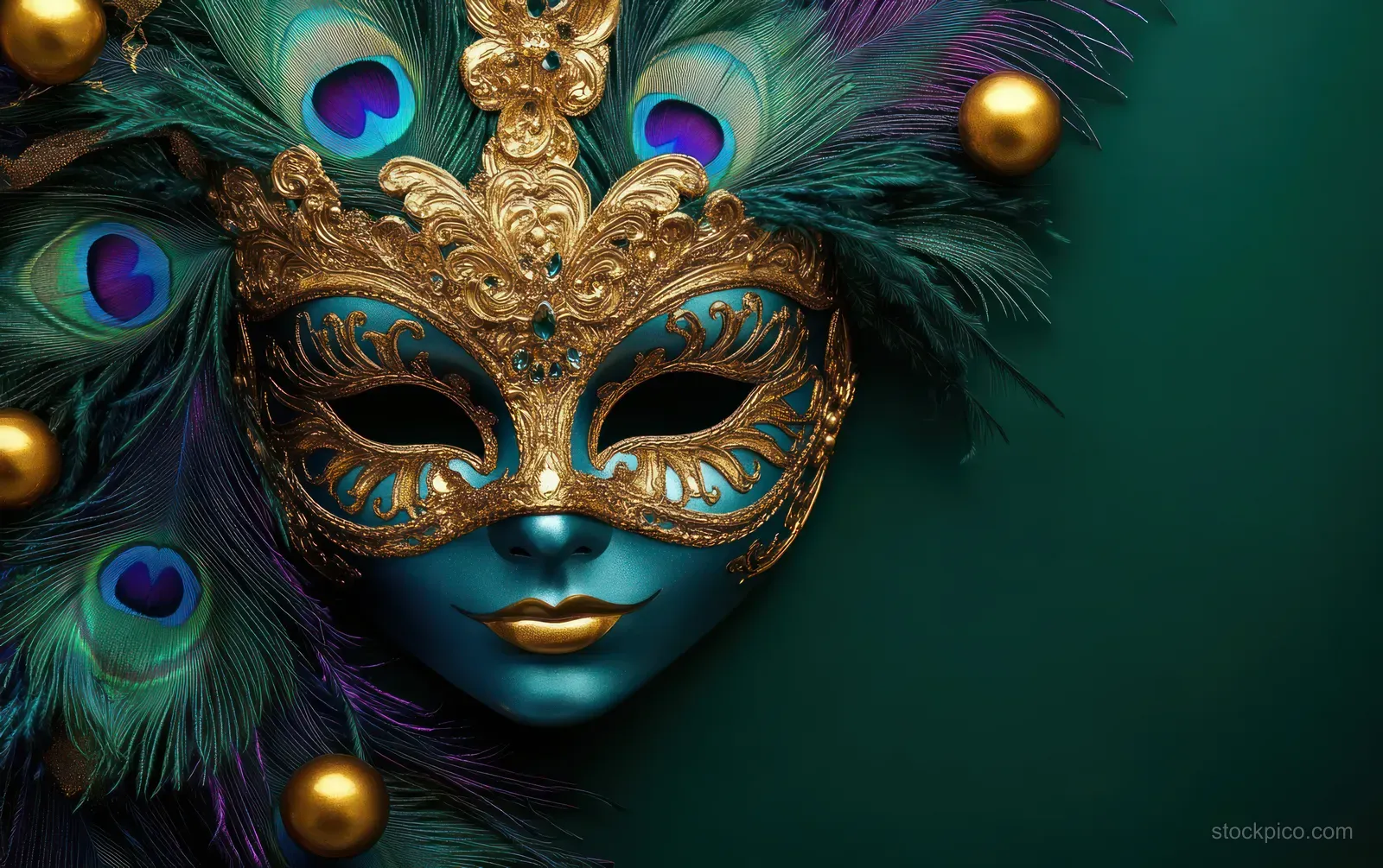 Ornate blue carnival face mask with gold details and peacock feathers against a dark green background.
