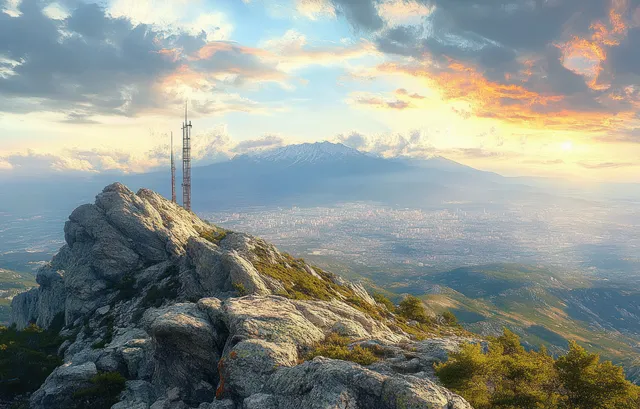 Rocky summit with communication towers facing a distant city under colorful sunrise clouds.