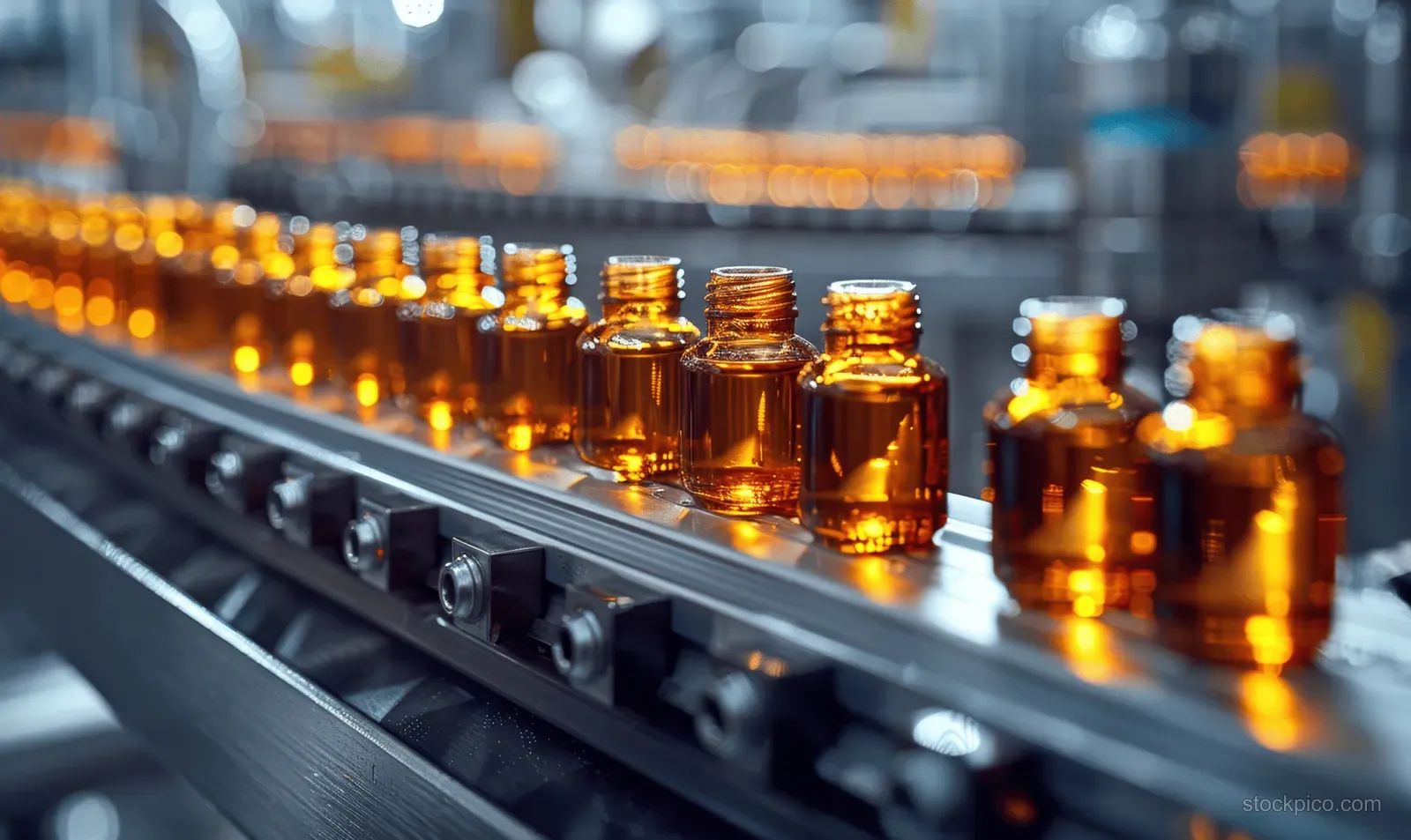 Amber liquid vials are lined up on an automated conveyor belt inside a pharmaceutical production line.