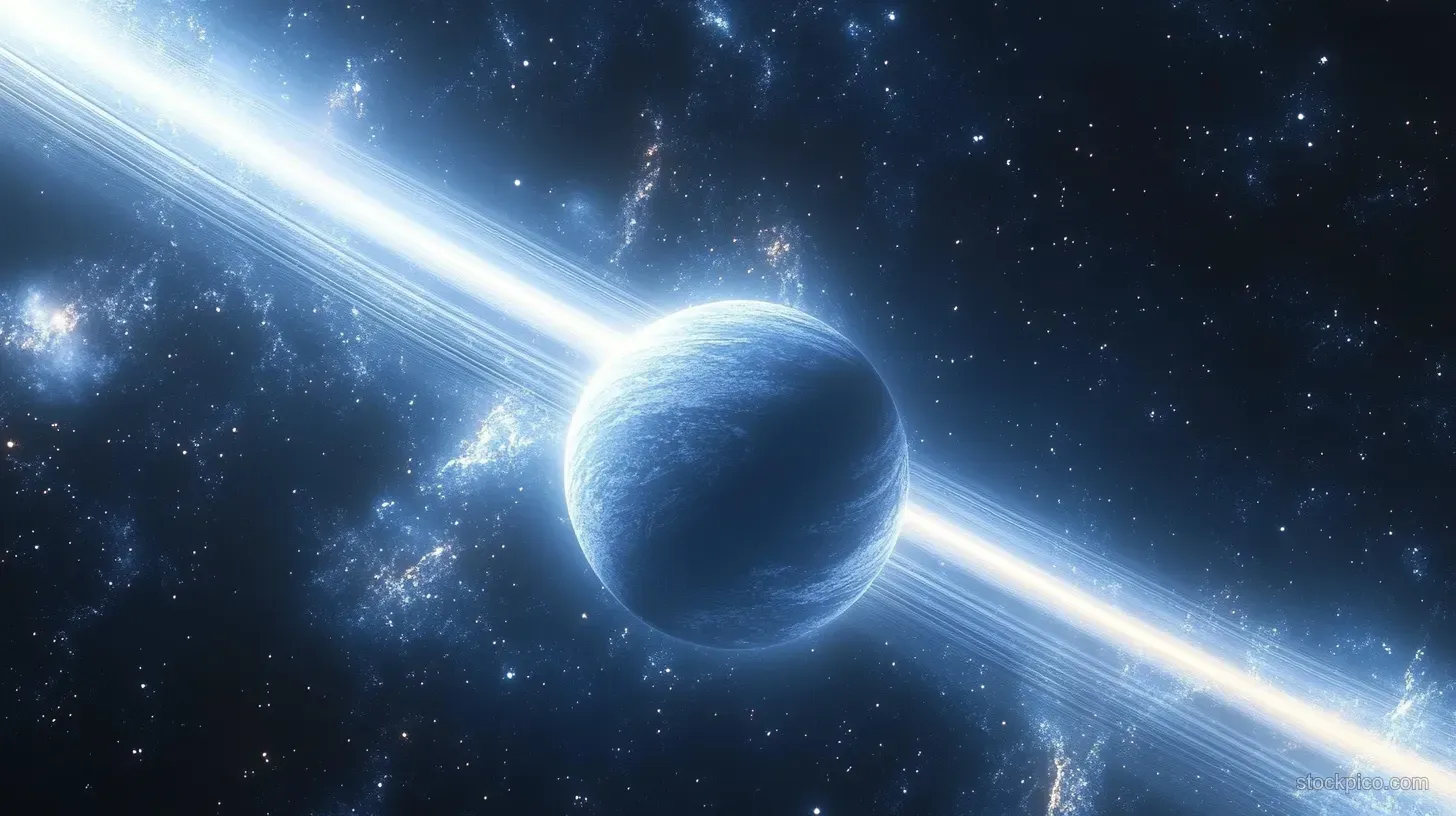 Glowing blue planet with bright rings floating in dark space among stars and wispy cosmic clouds.