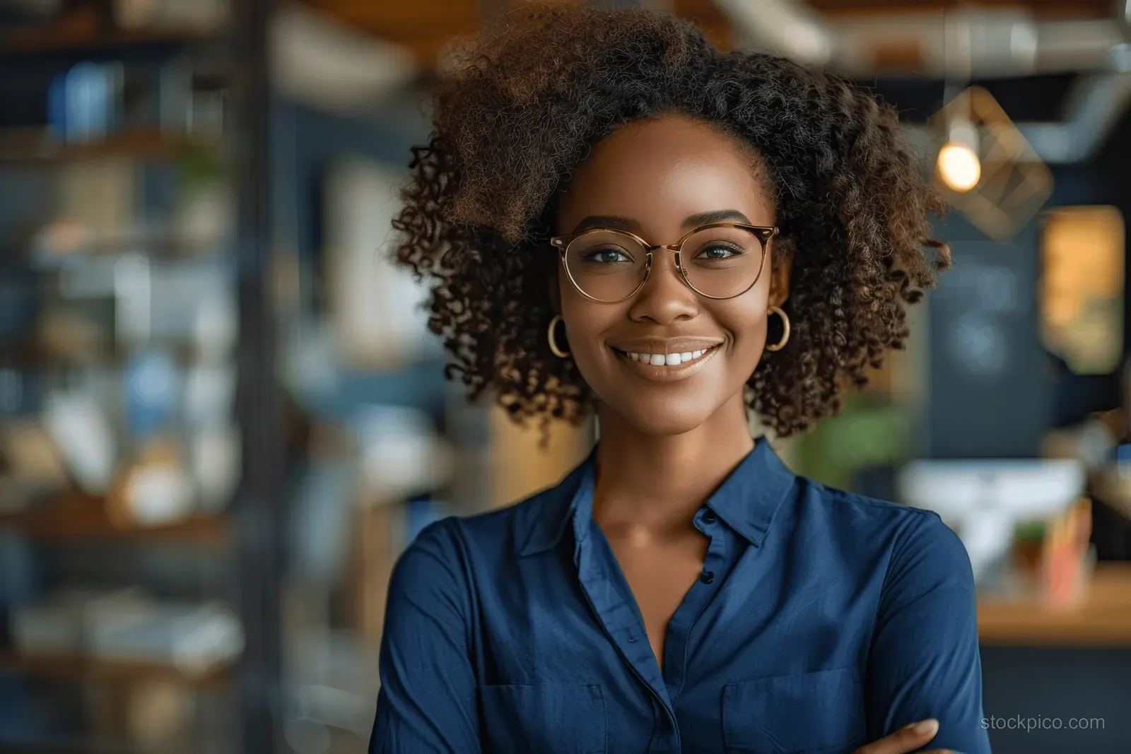 Smiling African American businesswoman with curly hair and glasses sits in an office with arms crossed, looking at camera.
