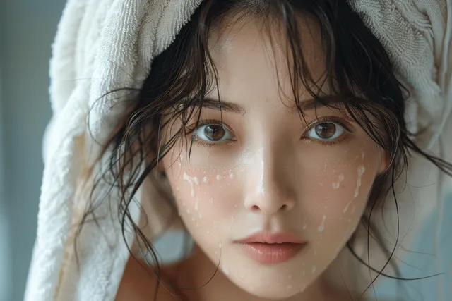 Young Asian woman with fresh skin wrapped in a white towel, smiling in a bright bathroom after washing her face and hair.