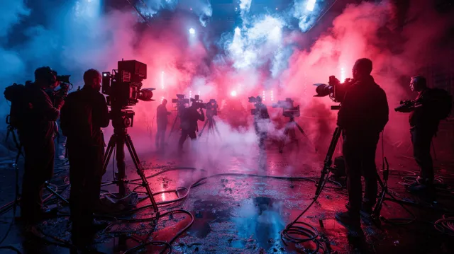 Film crew silhouettes operate tripod cameras on a studio set with colored lights and smoky fog.