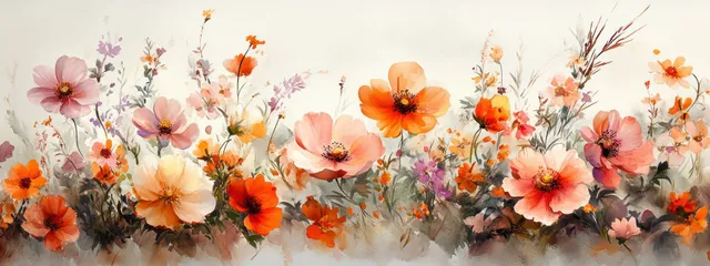 Watercolor wildflower bouquet border frame with eucalyptus leaves on soft pastel background