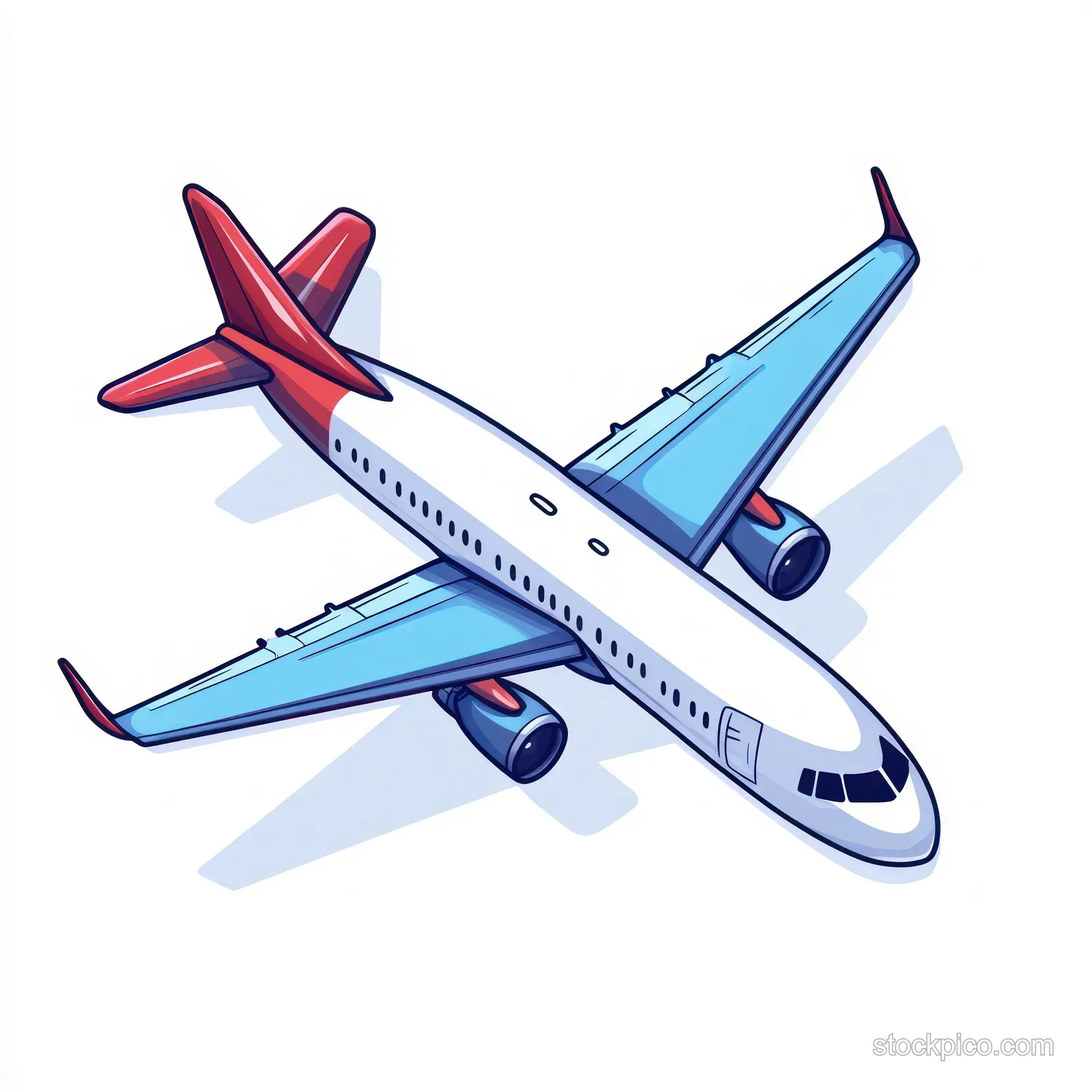 Cartoon commercial airplane with blue wings and red tail flying diagonally with a soft shadow on a white background.