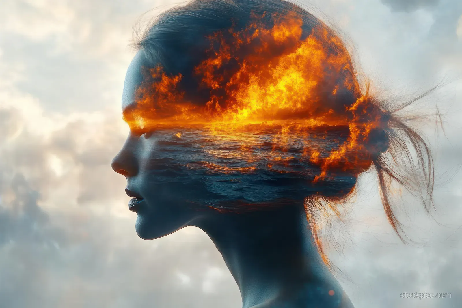 Woman profile silhouette with fiery ocean waves and sunset flames blended into her head and flowing hair.
