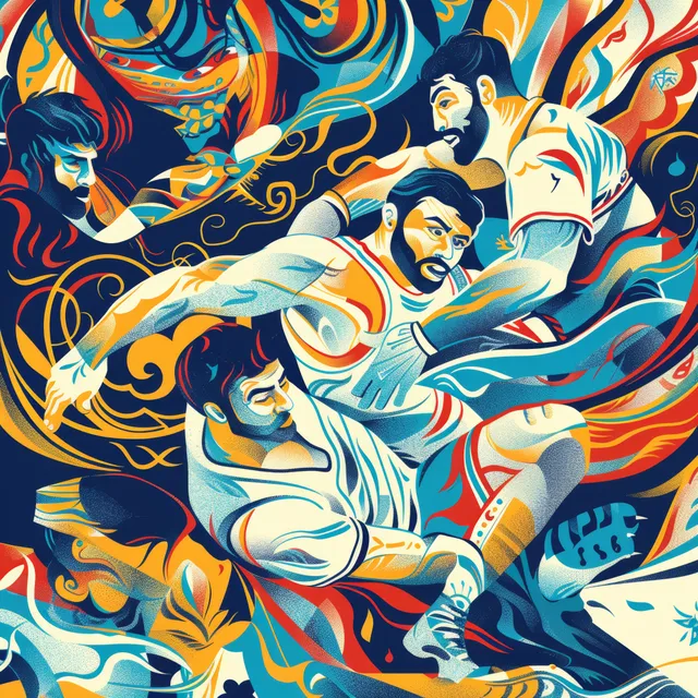 Stylized Iranian freestyle wrestler at 74 kg performing a takedown with swirling colorful motion lines.