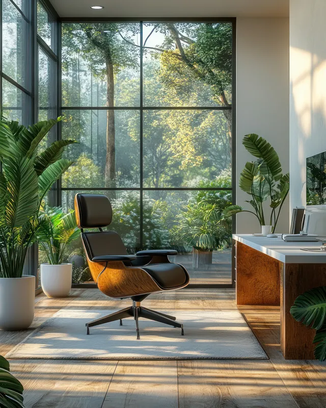 Minimalist office room with large windows, a wooden desk, ergonomic chair, potted plants, and warm sunlight.