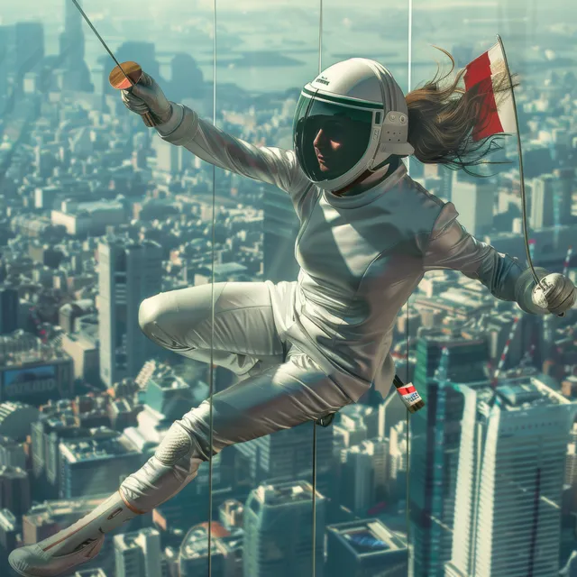 A female modern pentathlete showcases athleticism and speed against the vibrant Tokyo skyline.