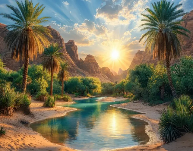 Sunlight streams through clouds onto a palm-lined desert river in a rocky canyon