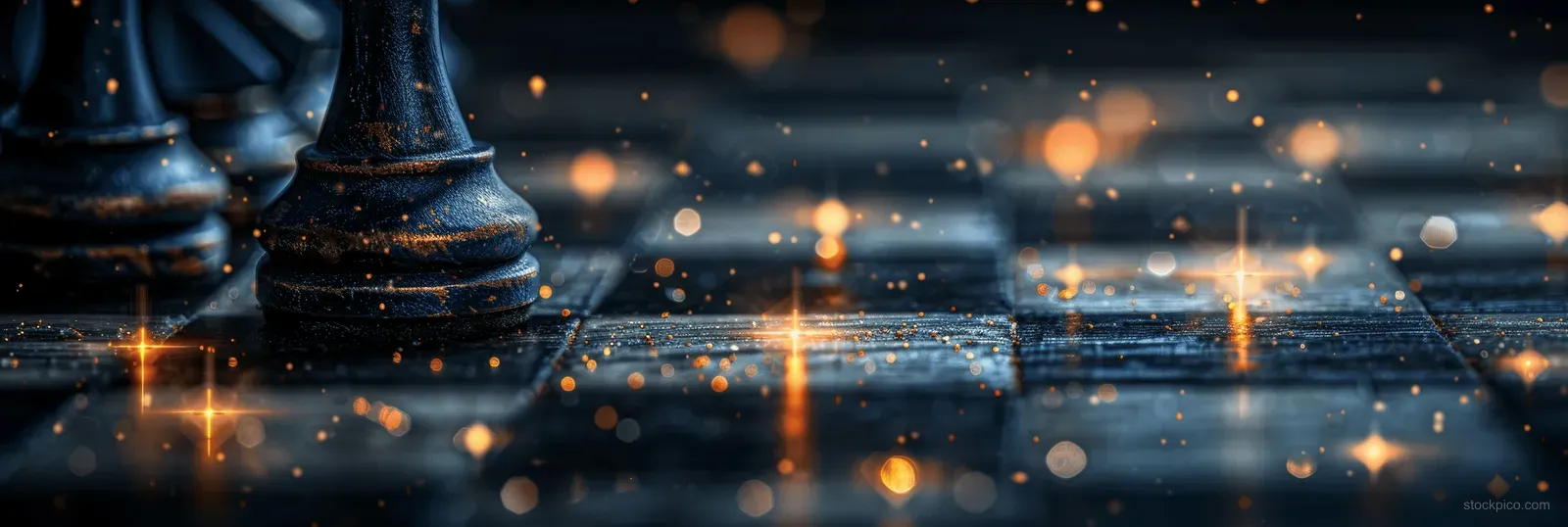 Metal chess pieces on an interrupted mid-game board with drifting sparks under dark cinematic light.