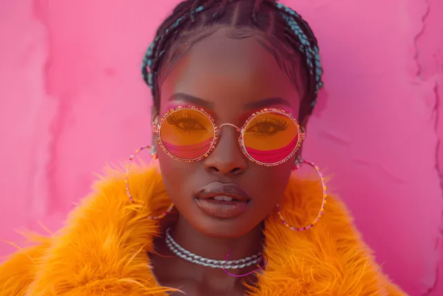 An African woman poses wearing sunglasses and an orange fur coat against a bright pink studio background.