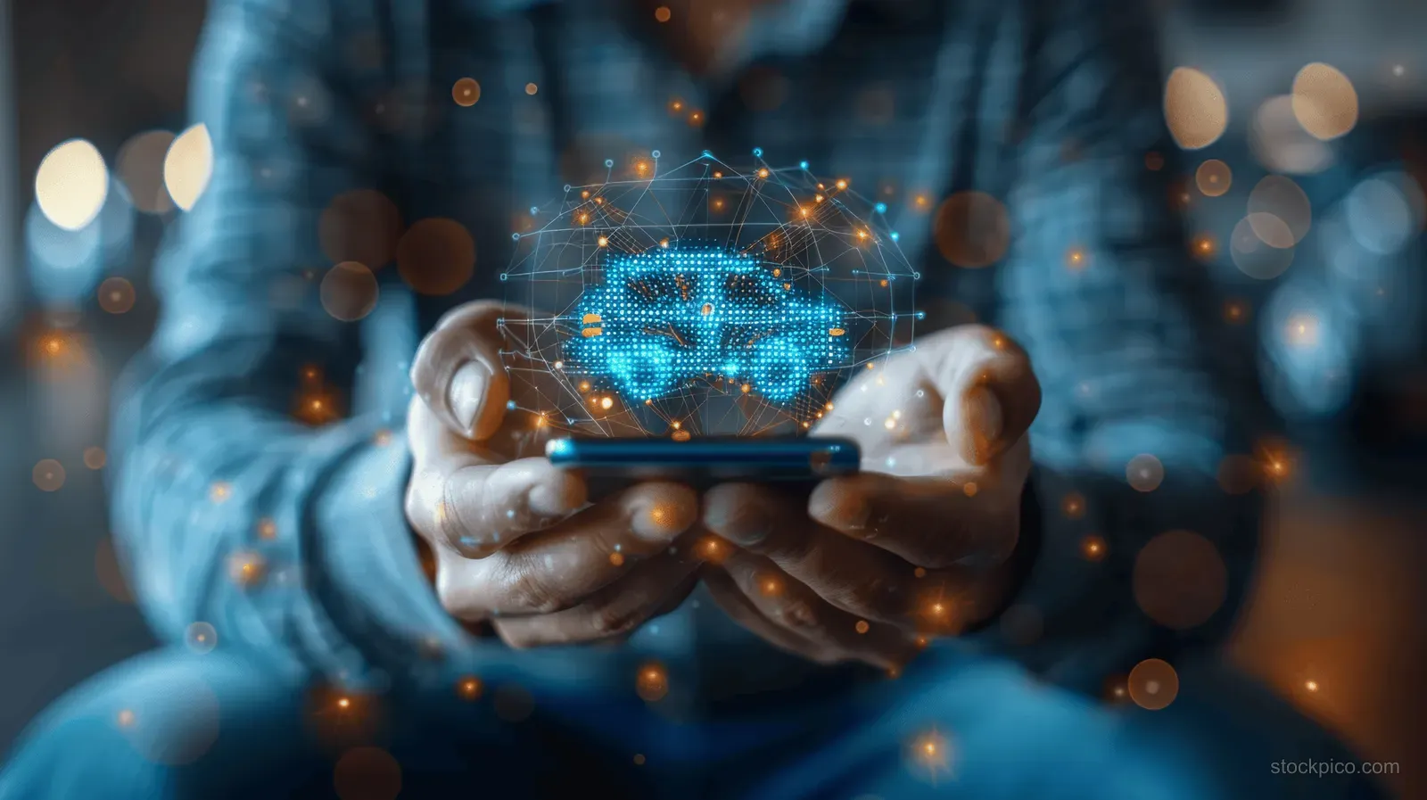Man holding a glowing smartphone showing a car icon amid a futuristic blue digital network background.