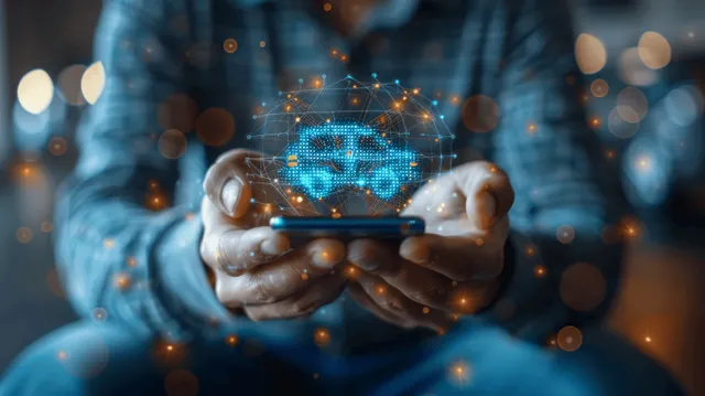 Man holding a glowing smartphone showing a car icon amid a futuristic blue digital network background.