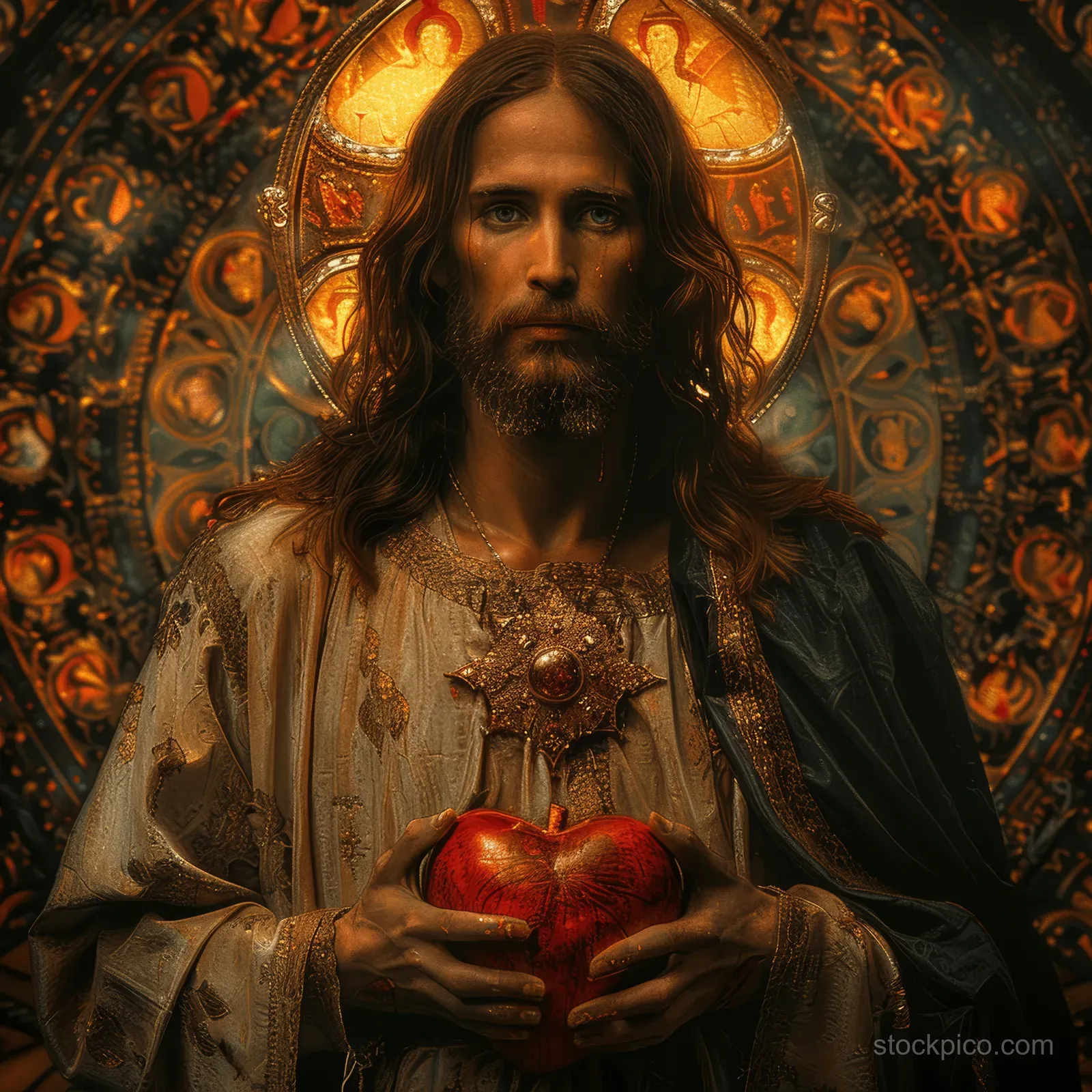 Ornately robed figure with a halo holds the glowing Sacred Heart amid radiant light and fire-like flames behind.