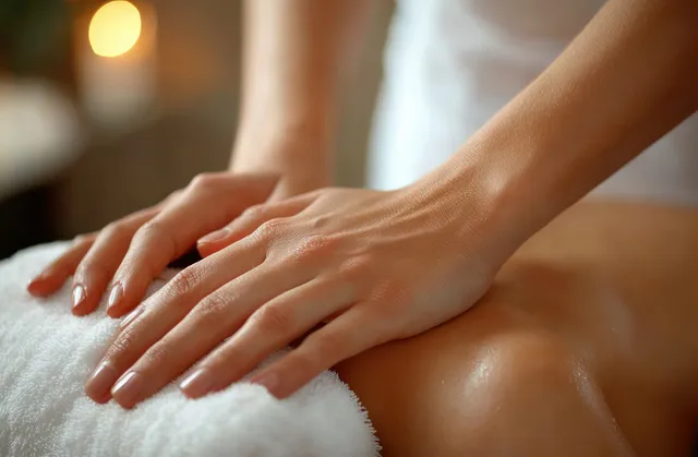 Therapist hands gently massage a person’s bare back over a soft towel in warm, dim lighting.