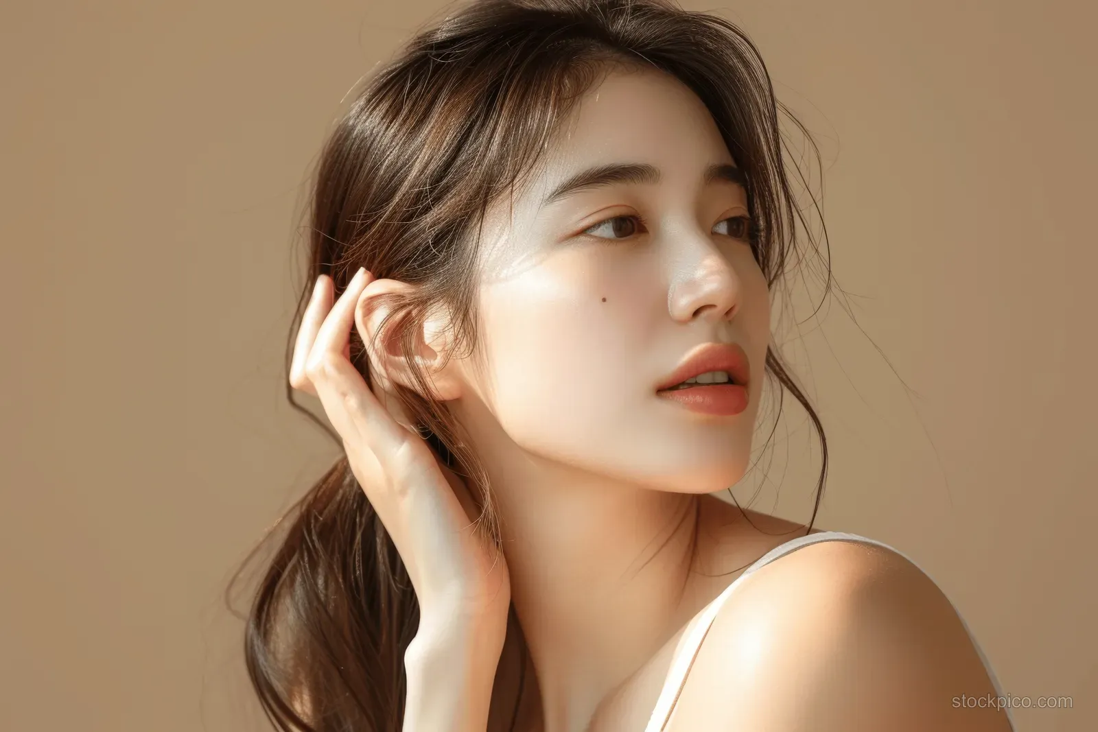 Asian woman poses in side profile with hand on cheek against a warm beige background.