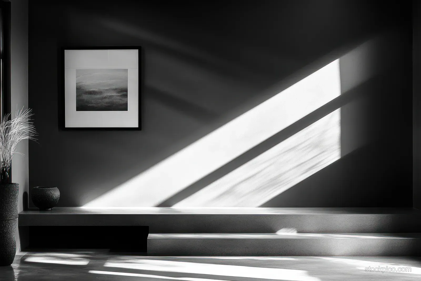 A minimalist black and white room with diagonal sunlight and a framed picture on the wall.