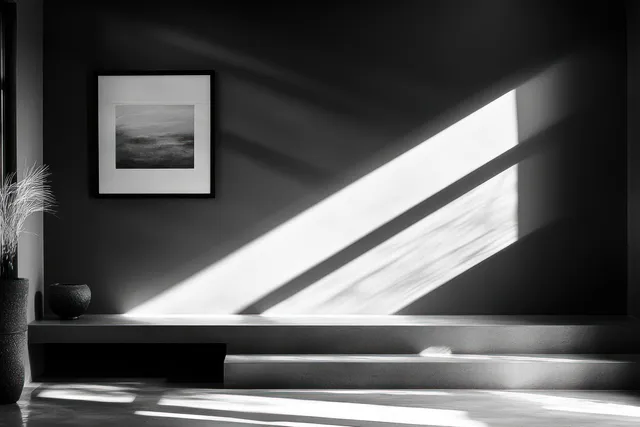 Black and white interior with diagonal sunlight and framed wall art