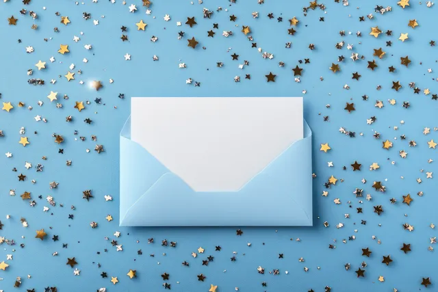 Open light blue envelope with a blank white card surrounded by scattered gold and silver star confetti on blue background.