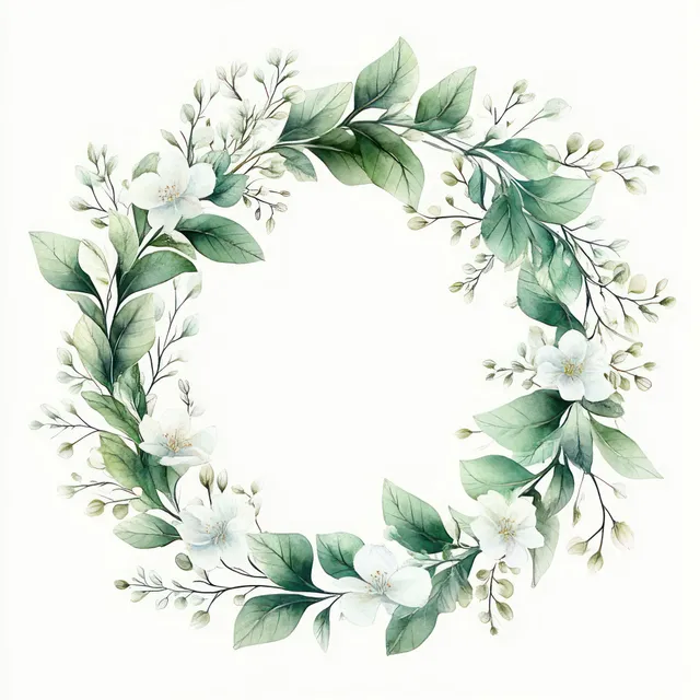Watercolor botanical wreath with soft green leaves and delicate white blossoms for greeting card design