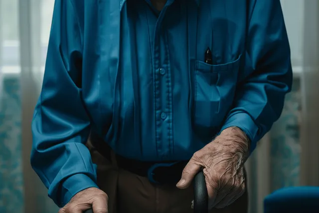 Caregiver’s hands support an elderly man’s cane indoors during senior home care, shown in close-up with natural light.