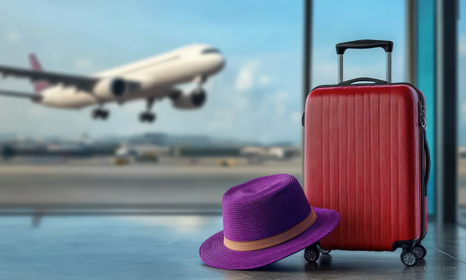 Red carry-on suitcase and purple hat on the floor by an airport window while a plane takes off outside.