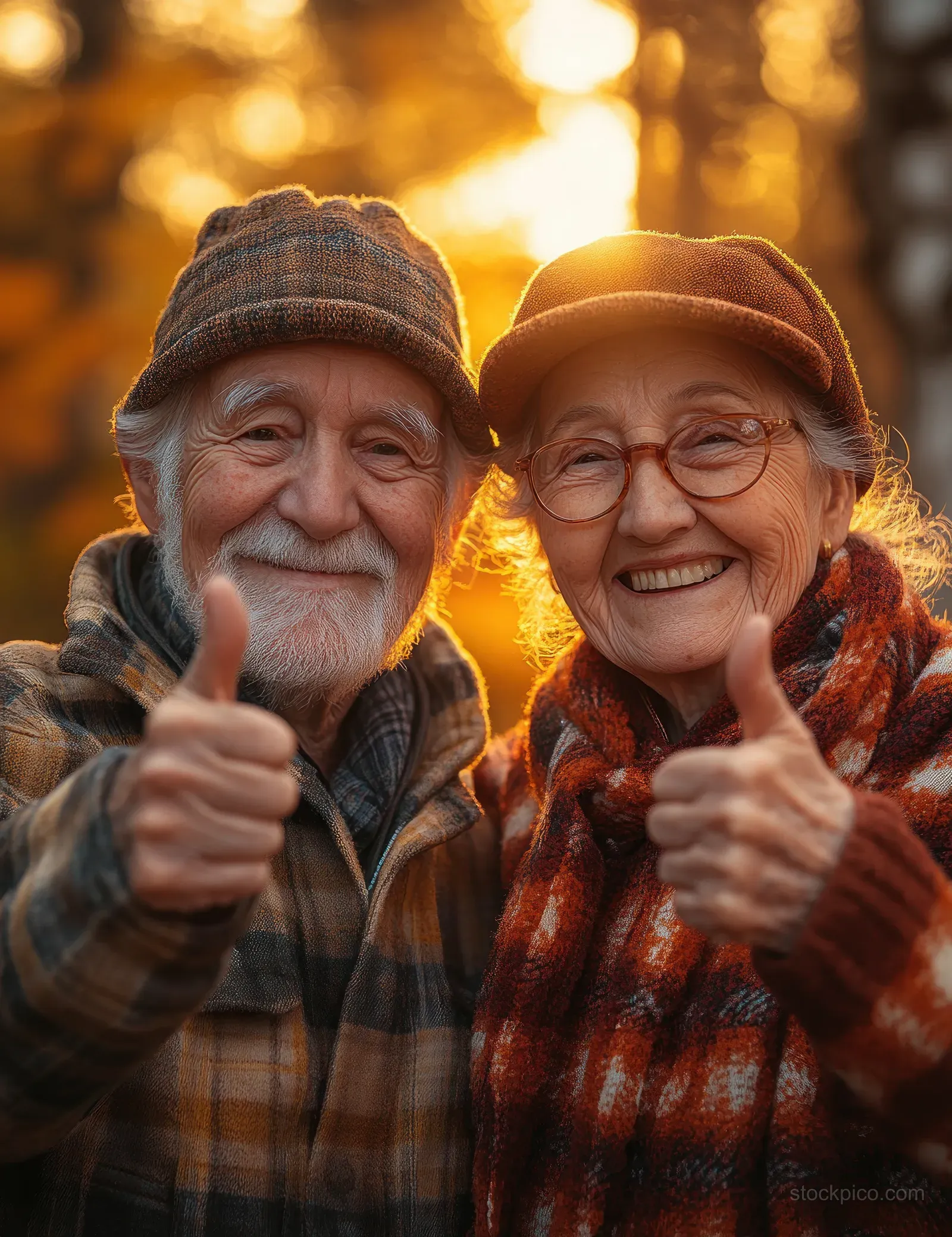Elderly couple joyfully exercising together outdoors during sunset in a park, embodying a healthy and active lifestyle.
