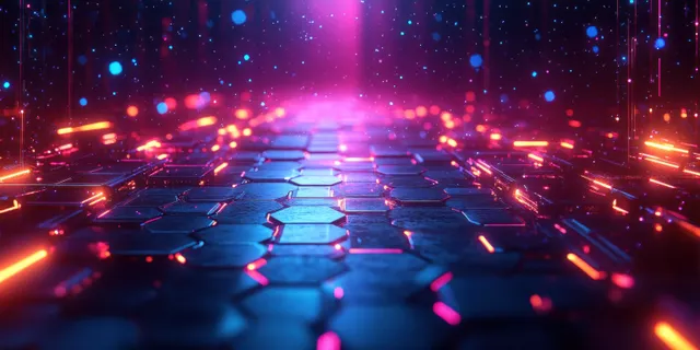 Seamless hexagonal pattern with neon glow and reflective highlights, creating a futuristic geometric design.
