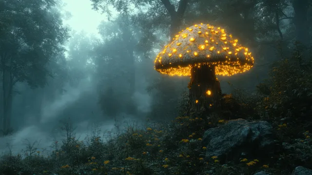 A luminous bioluminescent mushroom stands in a foggy nighttime forest with blue and orange light.