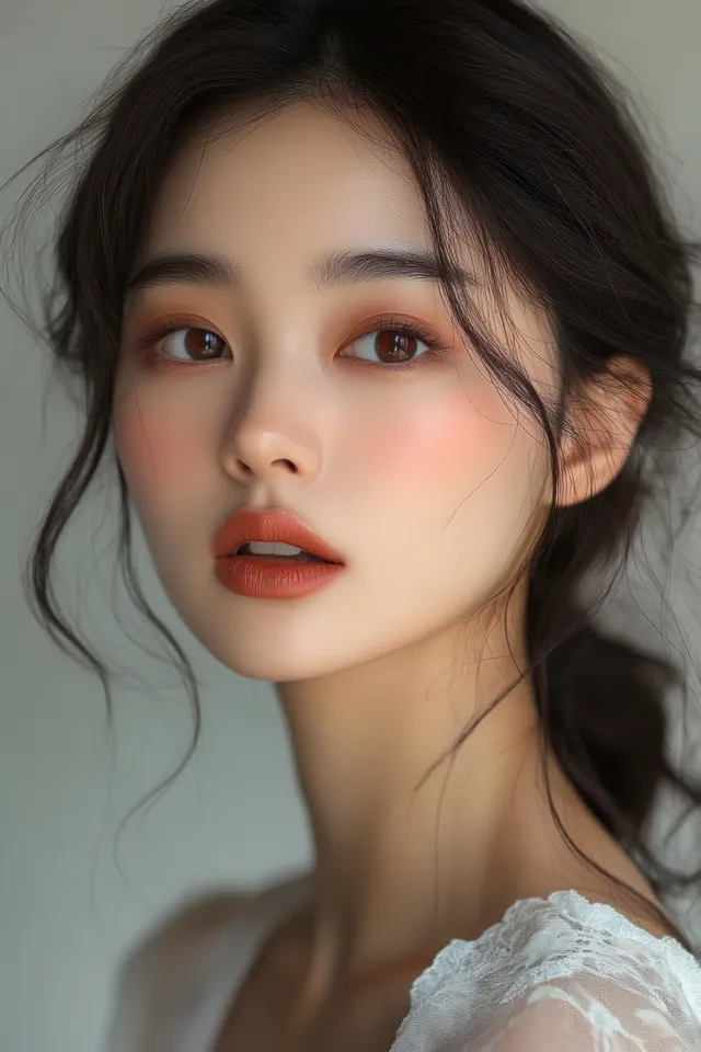 Young woman with soft makeup and wavy dark hair gazes calmly at the camera in natural light.
