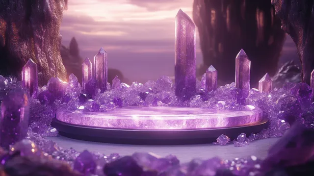 A circular mystic crystal altar glows purple on a platform amid glowing amethyst shards in a cave.