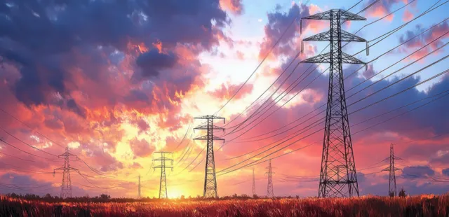 High-voltage transmission towers and power lines silhouetted against a vivid sunset with orange and purple clouds.