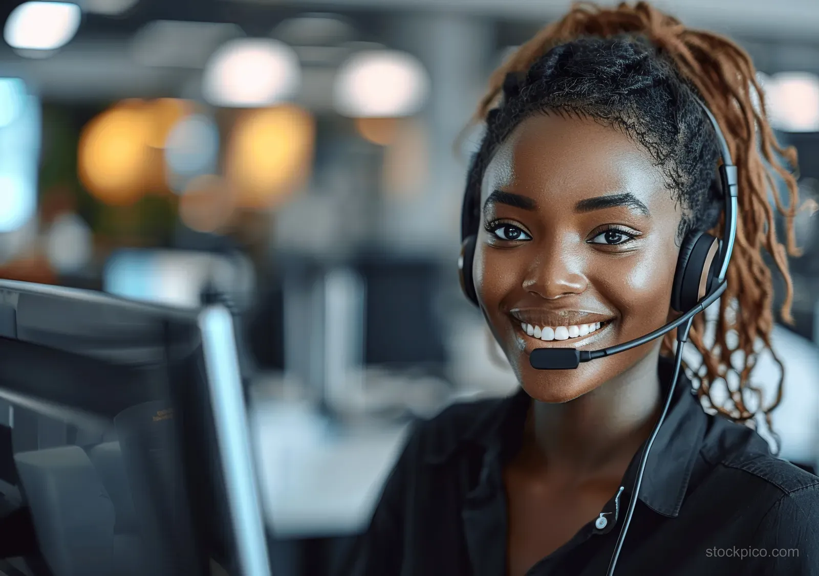 A smiling black female call center agent wearing a headset sits at a modern office desk with soft bokeh lighting.
