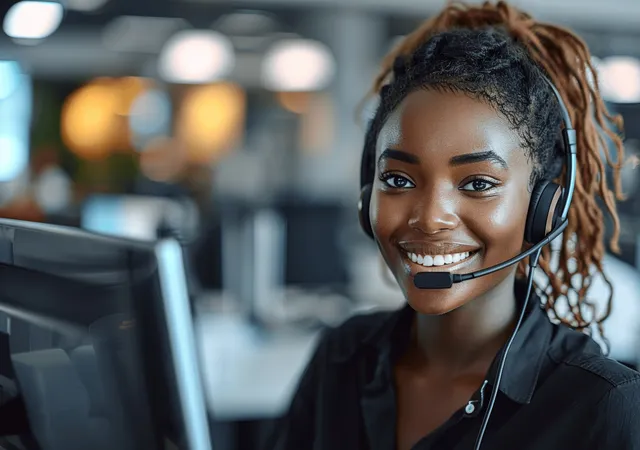 Smiling black female call center agent wearing headset at modern office workstation