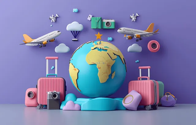 Cartoon 3D travel scene with globe surrounded by pink suitcases and airplane icons against a purple background.