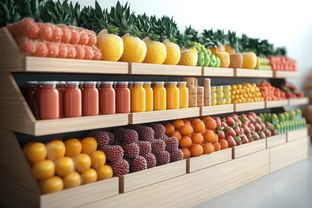 Isometric grocery shelf display with colorful fruits, stacked baskets, and rows of beverage bottles.