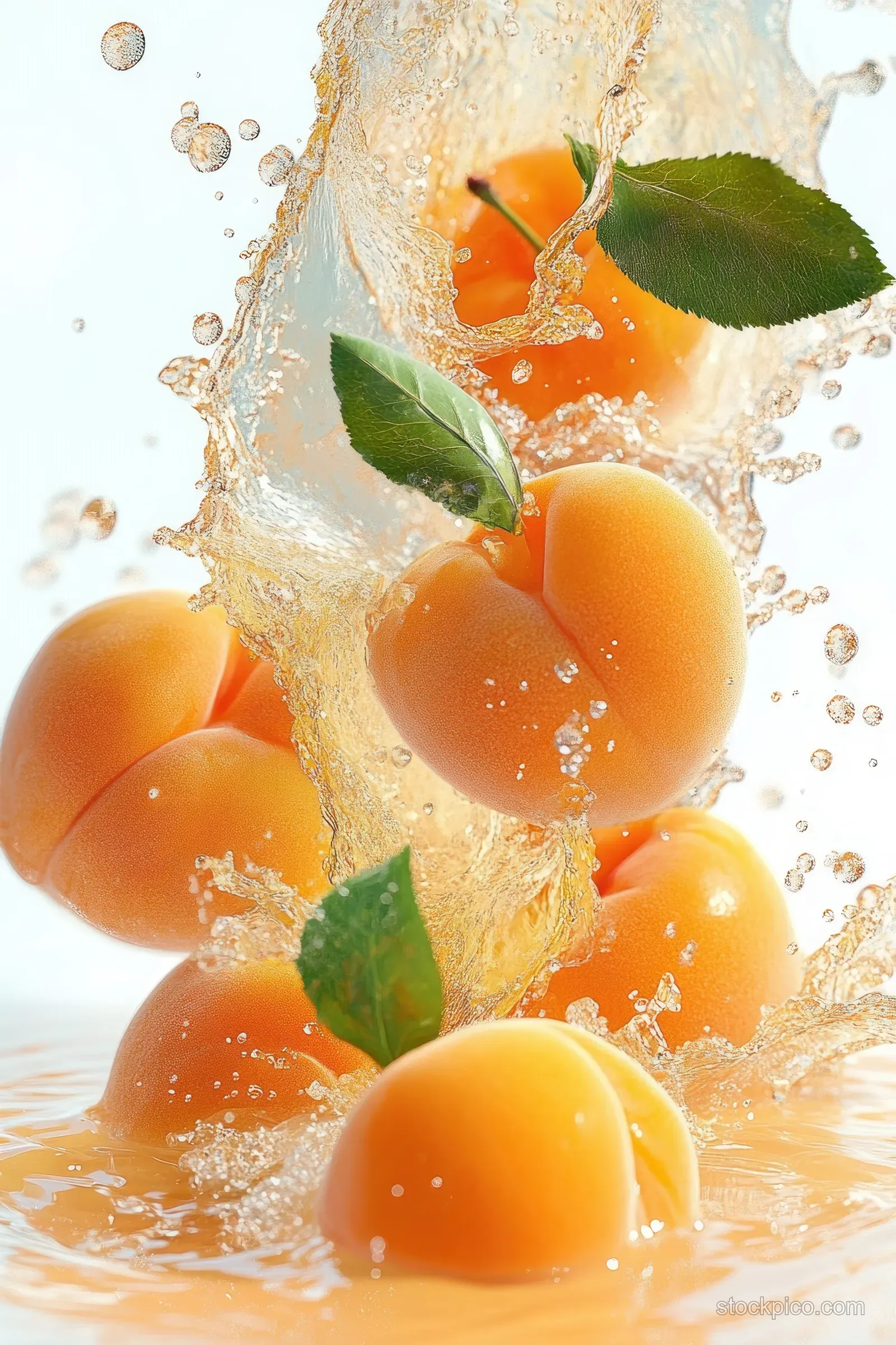 Apricots float in a golden juice splash with green leaves against a white background.