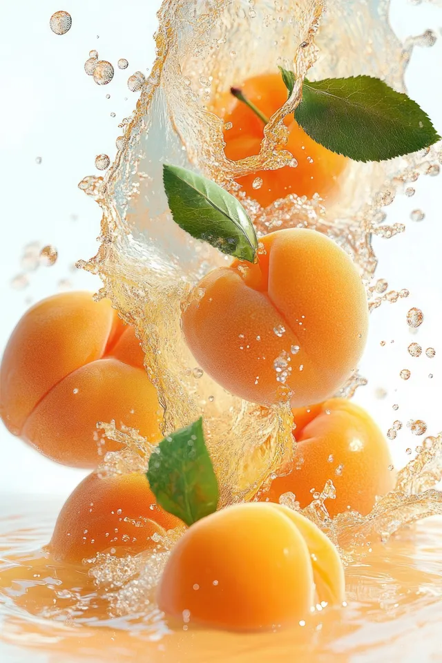 Apricots float in a golden juice splash with green leaves against a white background.
