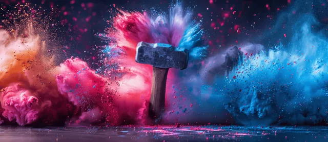 A sledgehammer hits a wall, bursting red and blue powder clouds with glowing sparks and dust.